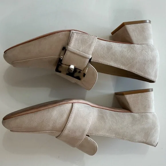 Deltan Veronica Suede Tortoise Buckle Flared Block spring heel pumps 9M - Picture 10 of 13